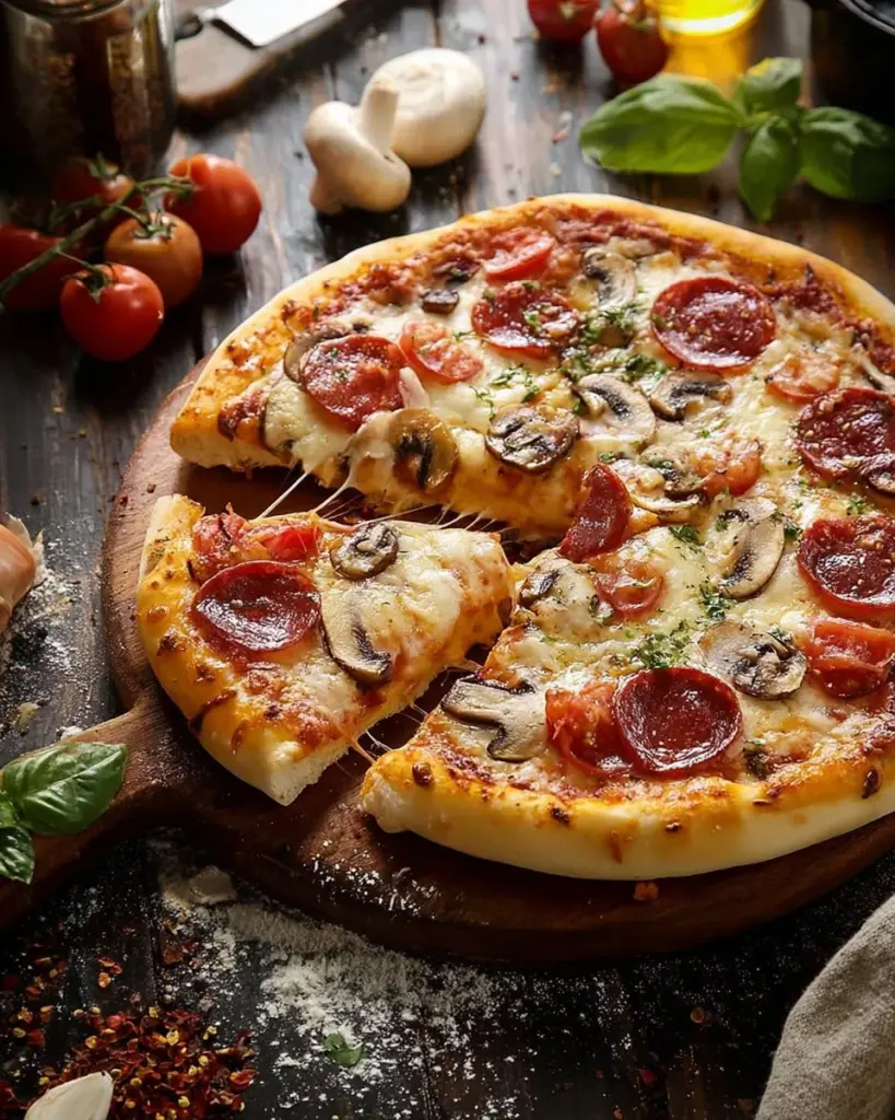 Delicious homemade No-Yeast Pizza ready to serve.