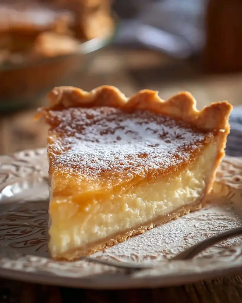 A delicious slice of Old Fashioned Custard Pie on a vintage plate