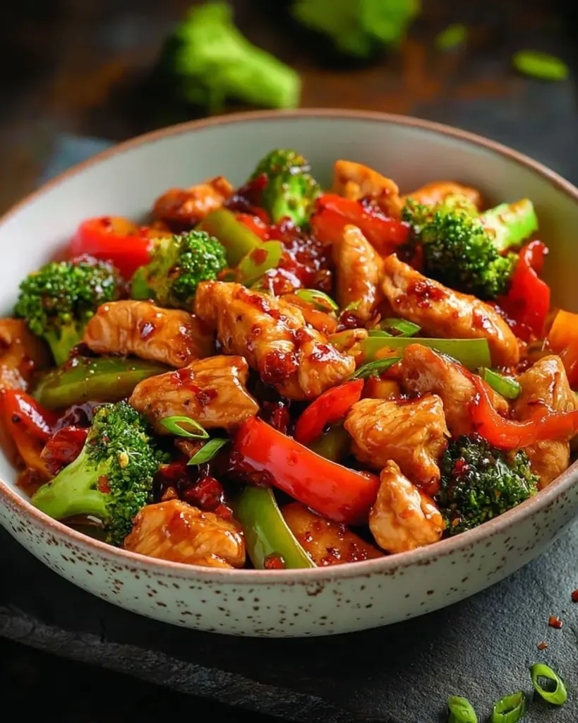 One Pan Honey Sriracha Chicken Stir Fry served with colorful vegetables