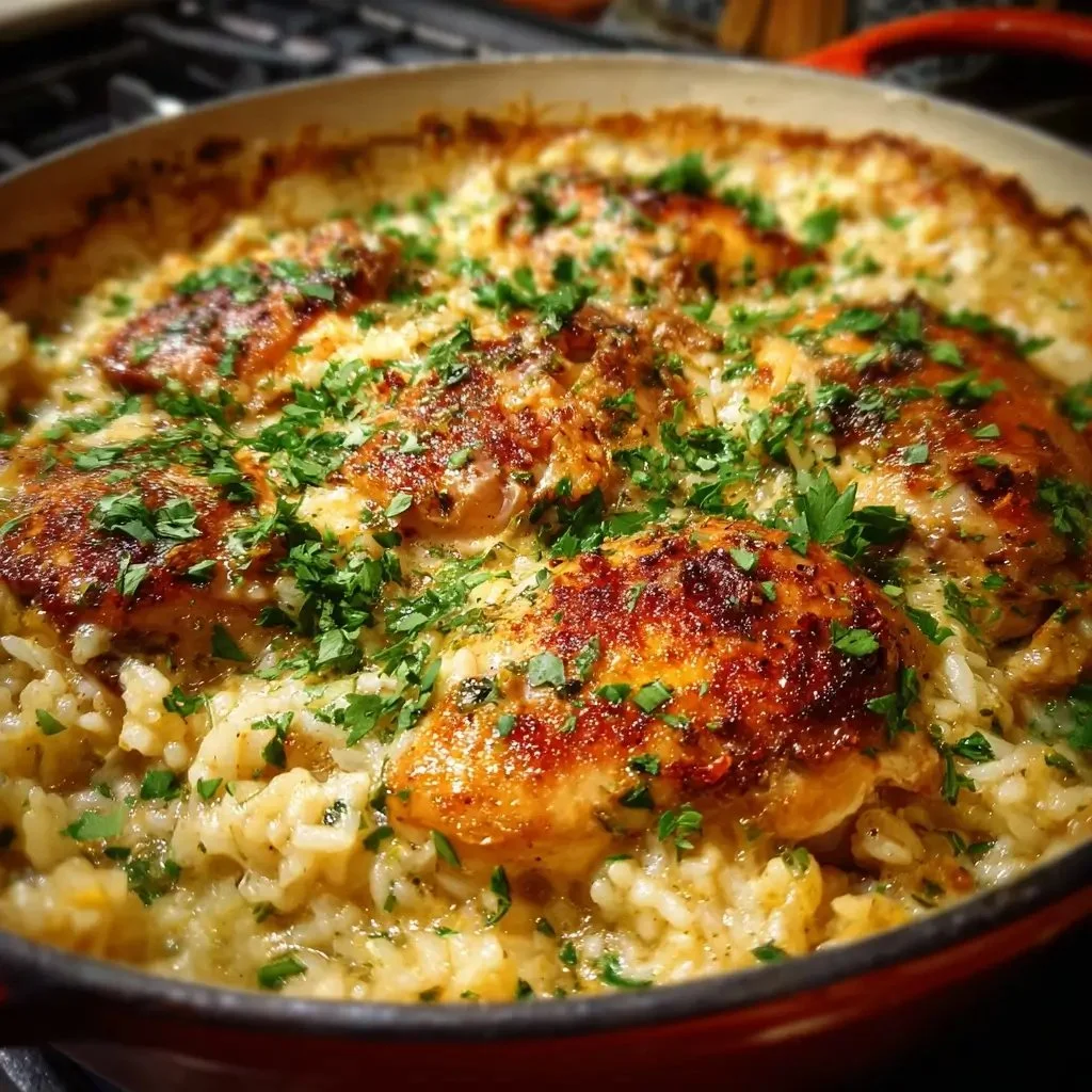 One-Pot Chicken and Rice Casserole dish served in a bowl