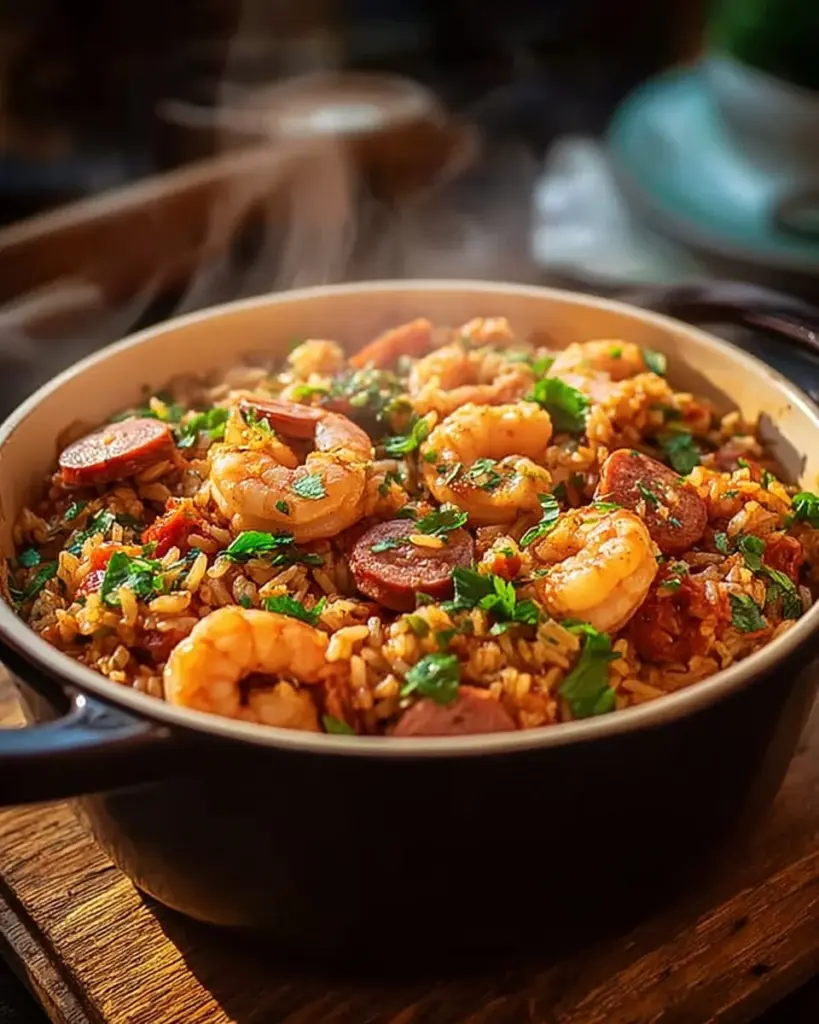One Pot Shrimp and Sausage Jambalaya served in a rustic bowl with fresh herbs.
