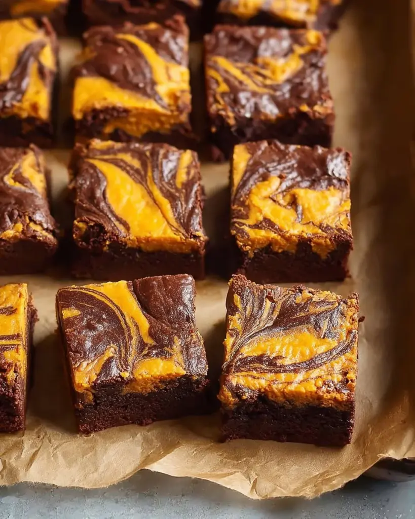 Delicious Pumpkin Cheesecake Brownies with a rich cream cheese swirl on top.