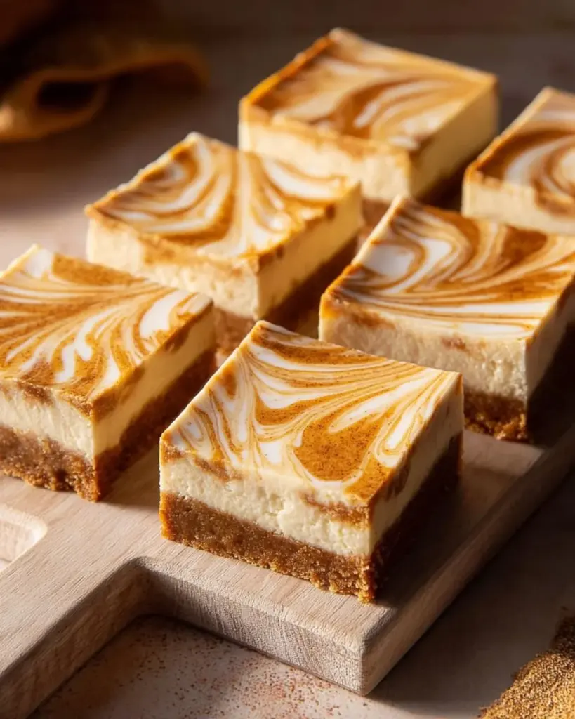 Delicious Pumpkin Spice Cheesecake Bars topped with whipped cream and spices