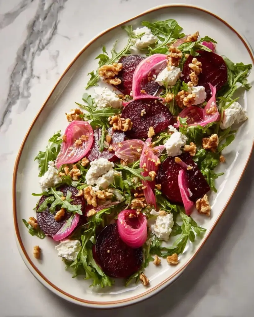 Roasted beet and arugula salad with nuts and feta cheese