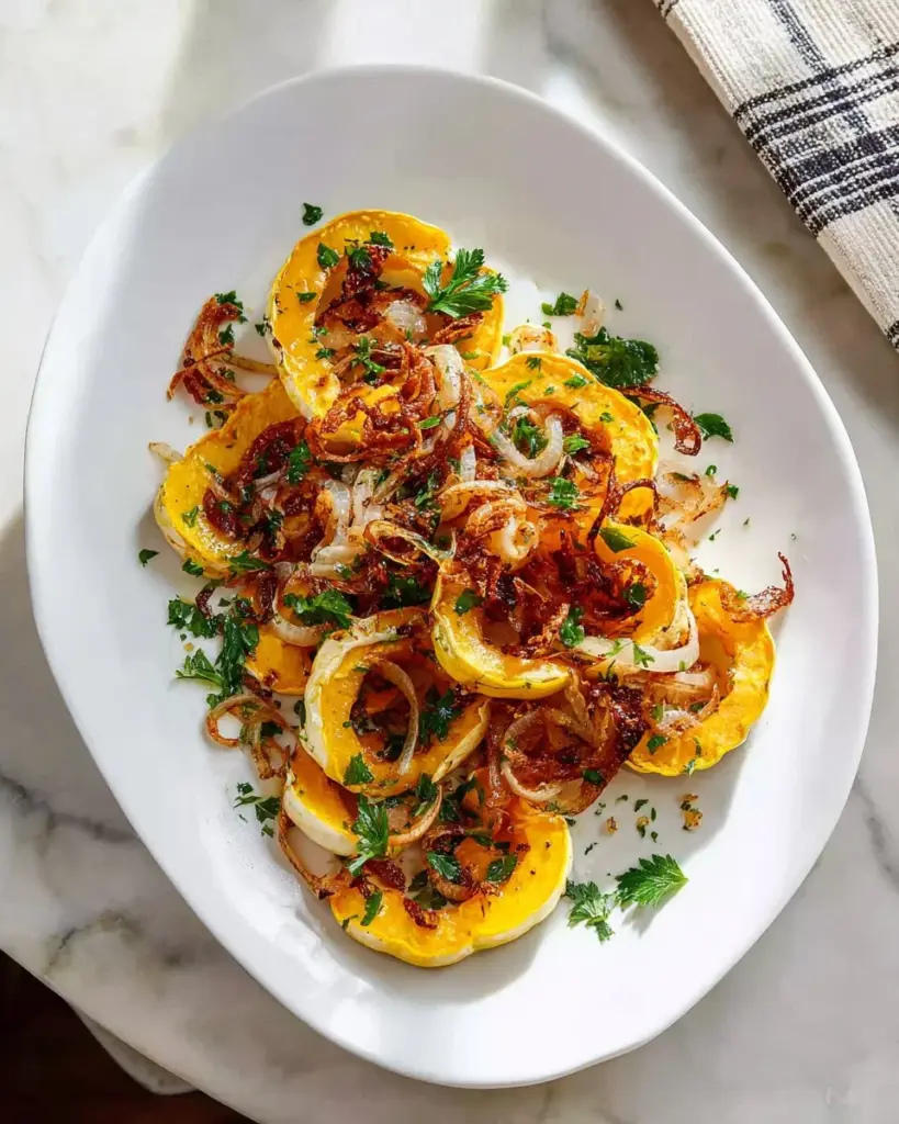 Roasted delicata squash garnished with crispy onions on a plate