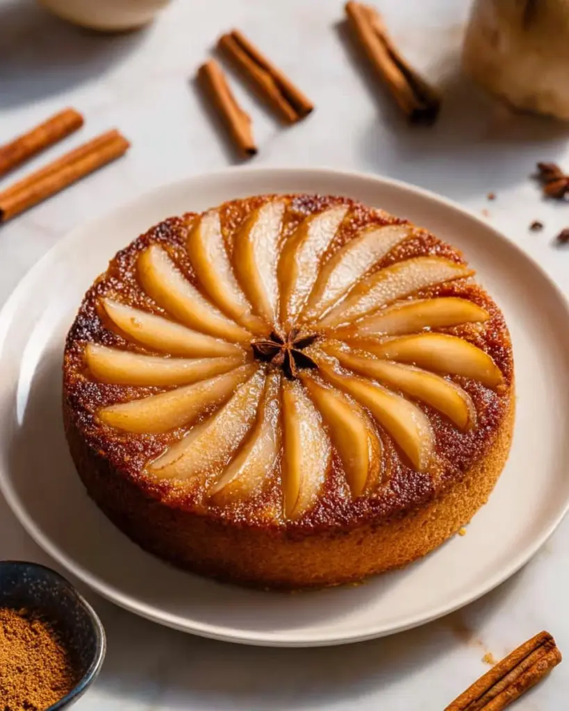 Spiced pear upside down cake topped with caramel and sliced pears