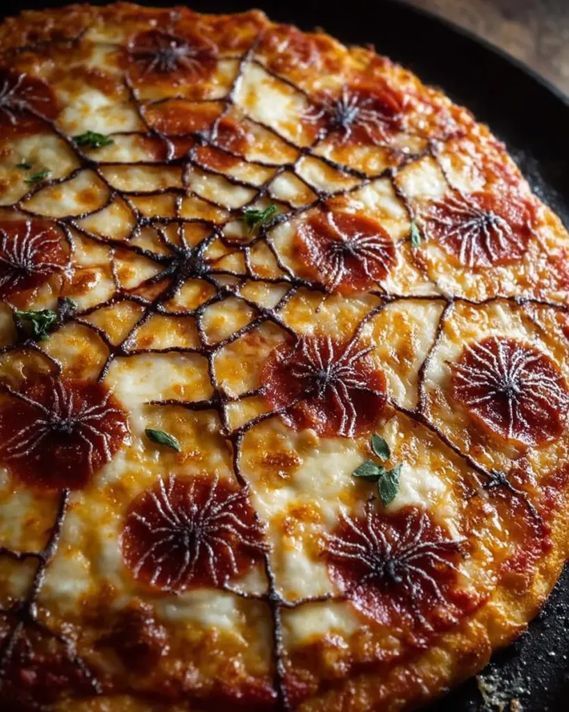 Delicious Spider Web Pizza served with a creative design