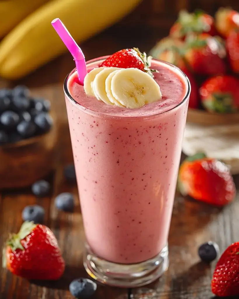 Delicious strawberry banana smoothie in a glass with fresh fruits on the side