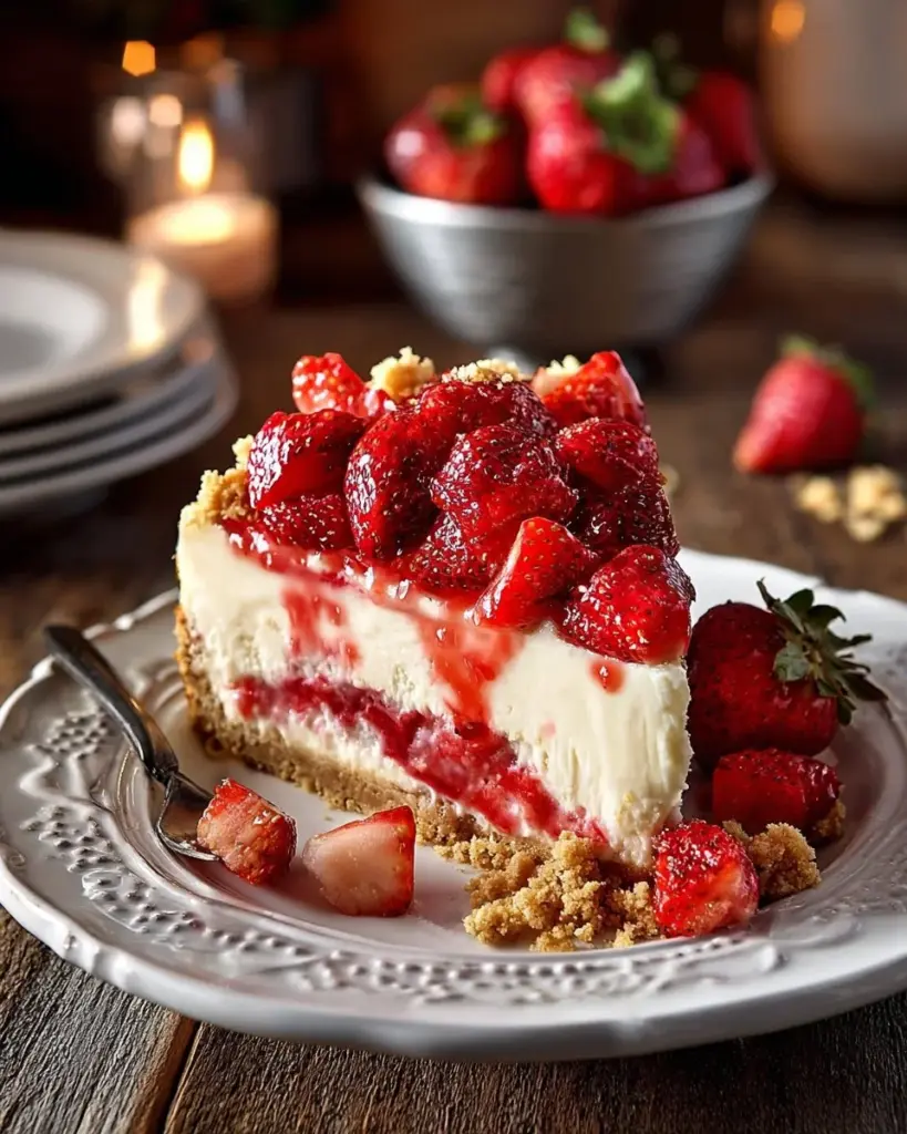 Delicious strawberry cheesecake dump cake topped with fresh strawberries and cream.