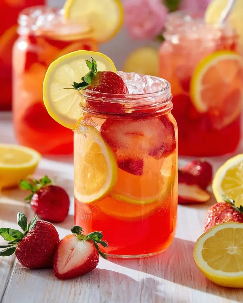 Refreshing strawberry lemonade in a glass with lemon slices and fresh strawberries.