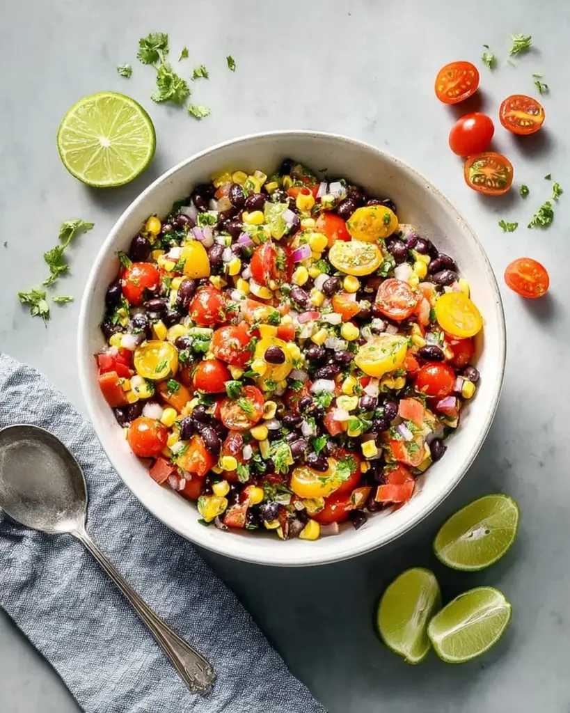 Sweet Corn and Black Bean Quinoa Salad with fresh vegetables and dressing