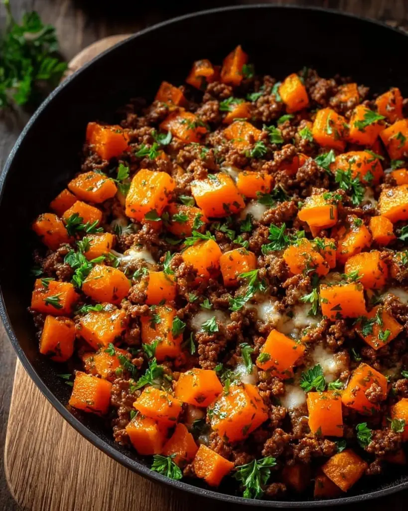 Sweet potato skillet with ground beef and vegetables prepared in a frying pan