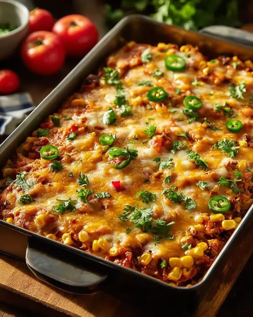 Delicious Taco Casserole baked with layers of flavor and cheese