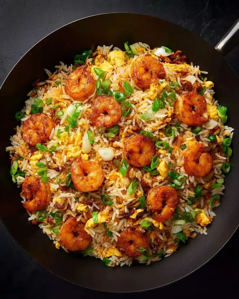 Plate of Thai shrimp fried rice garnished with green onions and lime
