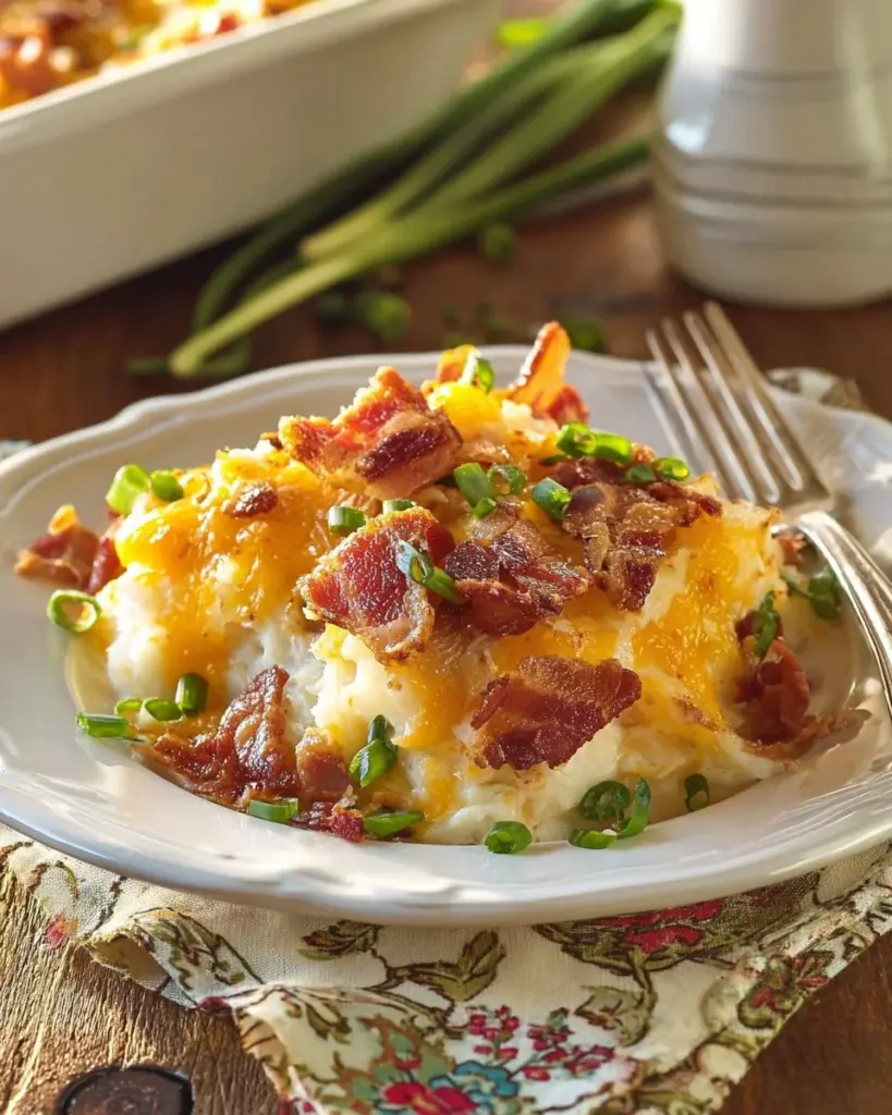 Delicious Twice Baked Potato Casserole topped with cheese and green onions
