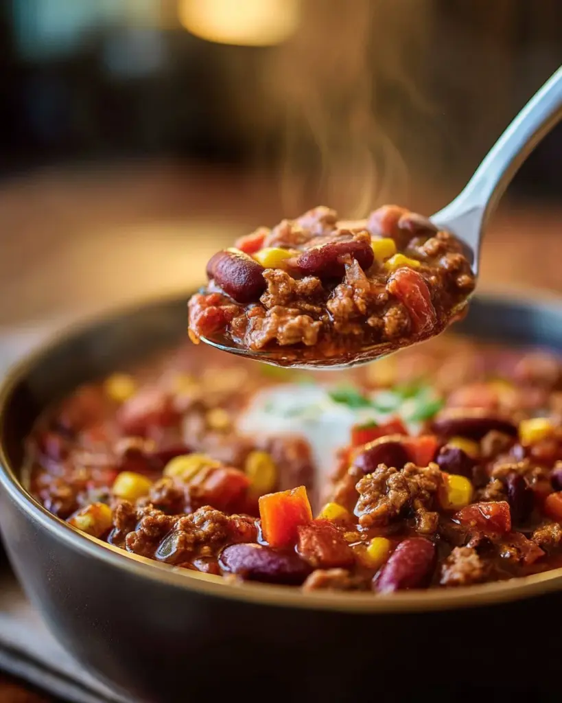 Bowl of ultimate crockpot chili with beans and spices