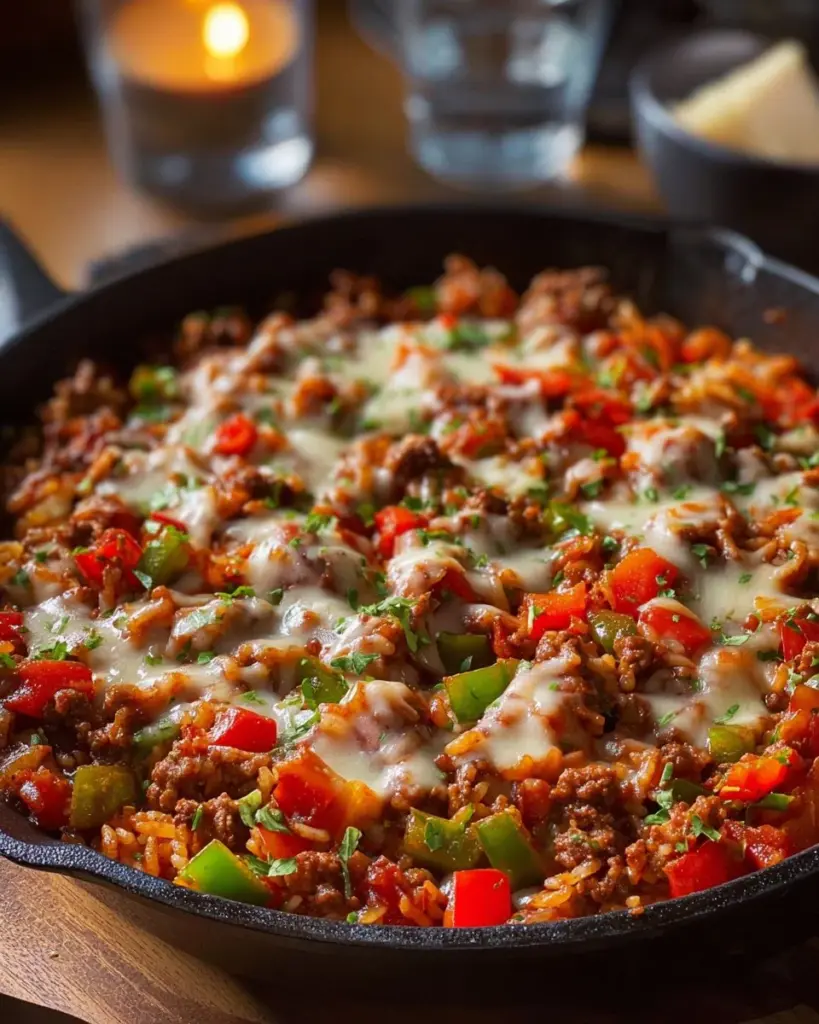 Delicious unstuffed pepper skillet dish with colorful bell peppers and ground meat.