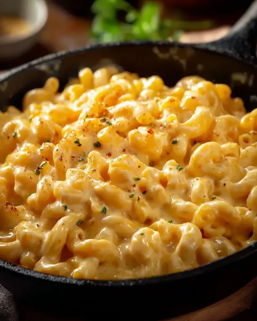 Bowl of upgraded creamy mac and cheese topped with breadcrumbs and herbs.