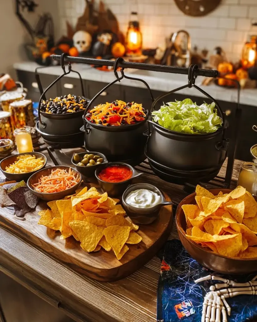 Colorful walking taco bar setup with various toppings and ingredients.