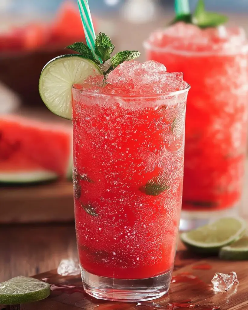 Refreshing watermelon slushie in a glass with ice and mint garnish