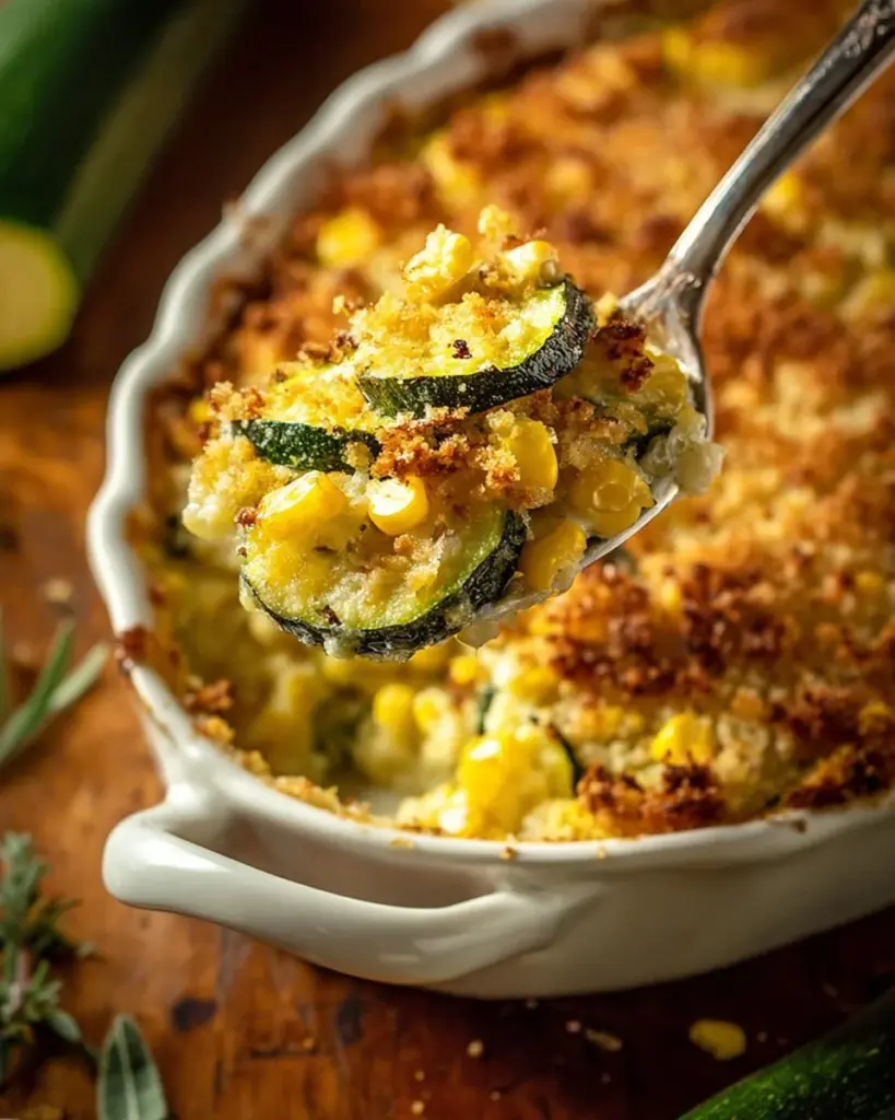 Delicious zucchini casserole with squash and corn, baked to perfection.