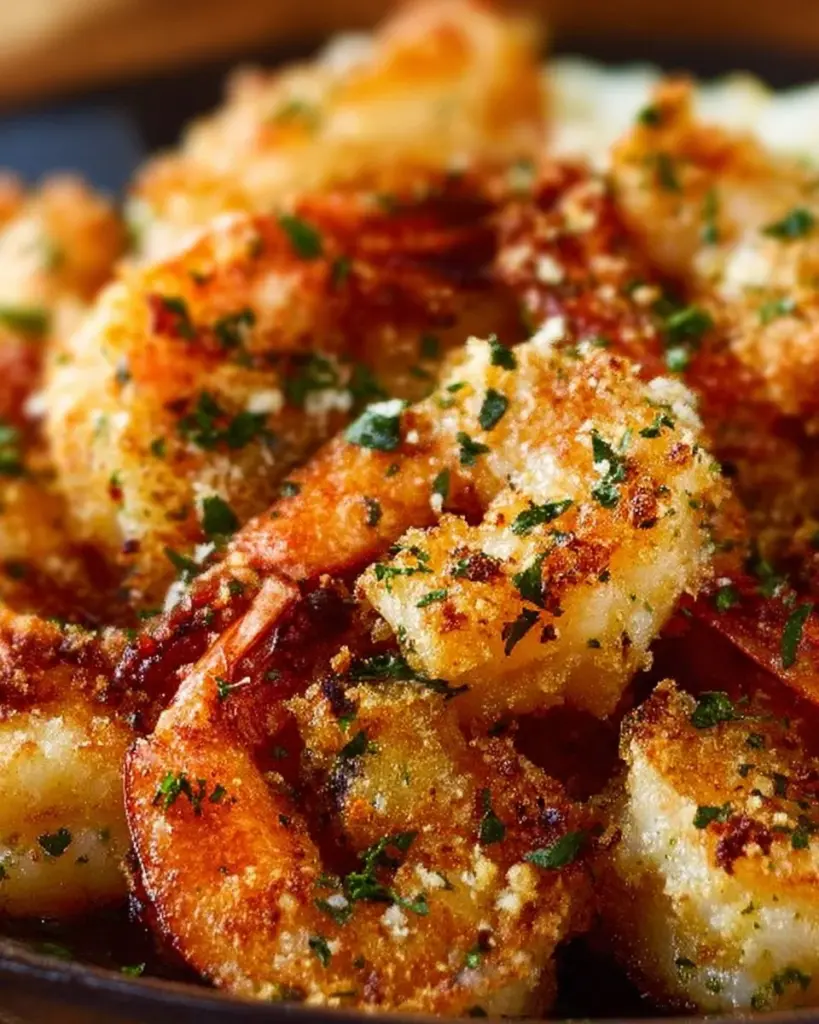 Delicious air fryer garlic parmesan shrimp served on a plate.