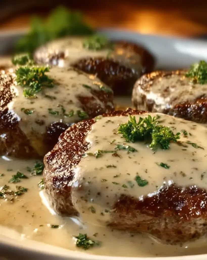 Hearty Amish Hamburger Steak Bake served in a dish.