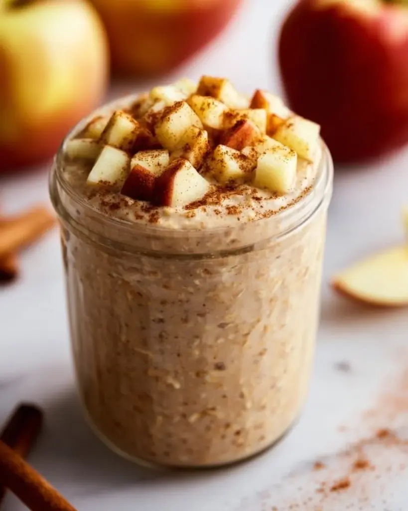 Bowl of Apple Cinnamon Overnight Oats topped with fresh apples and spices