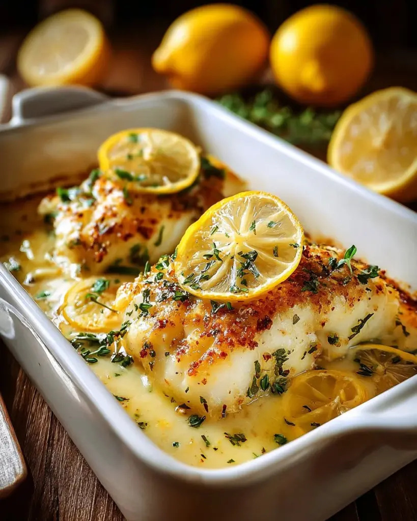 Baked cod in coconut lemon cream sauce garnished with herbs