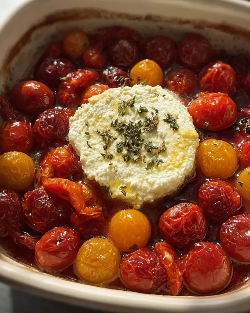 Baked feta pasta with Boursin cheese topped with fresh herbs and tomatoes