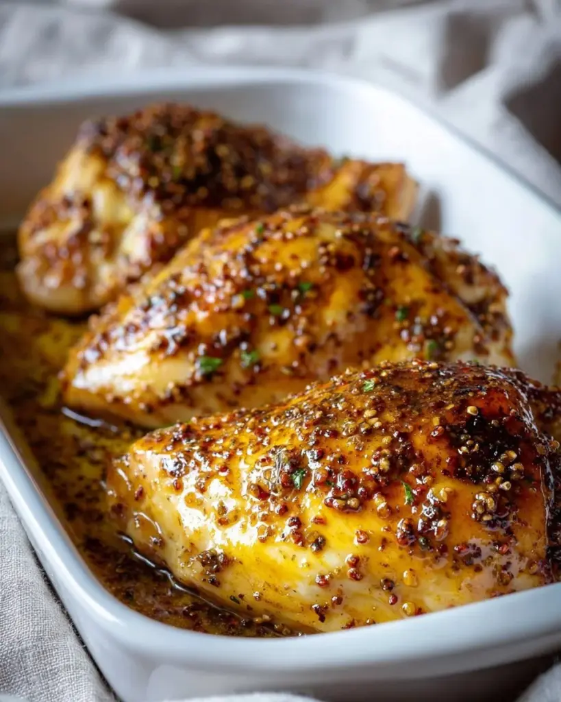 Baked honey mustard chicken breasts garnished with herbs on a serving plate.