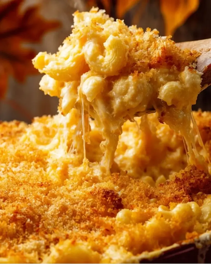Delicious baked macaroni and cheese in a casserole dish topped with golden breadcrumbs.