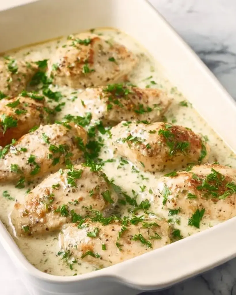 Baked white wine chicken breasts garnished with herbs and served on a plate
