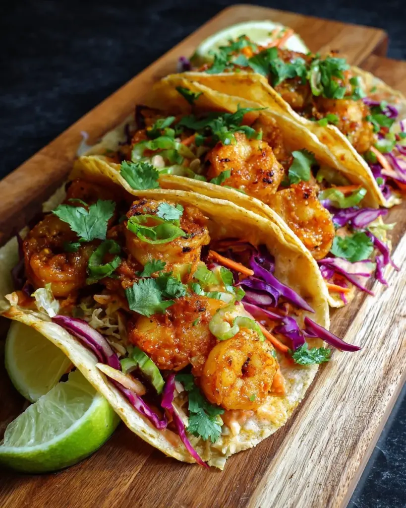 Delicious Bang Bang Shrimp Tacos with spicy sauce and toppings