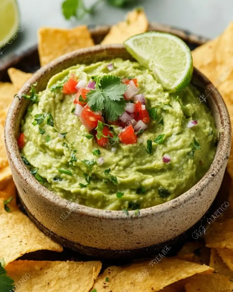 Bowl of creamy homemade guacamole with fresh ingredients and chips