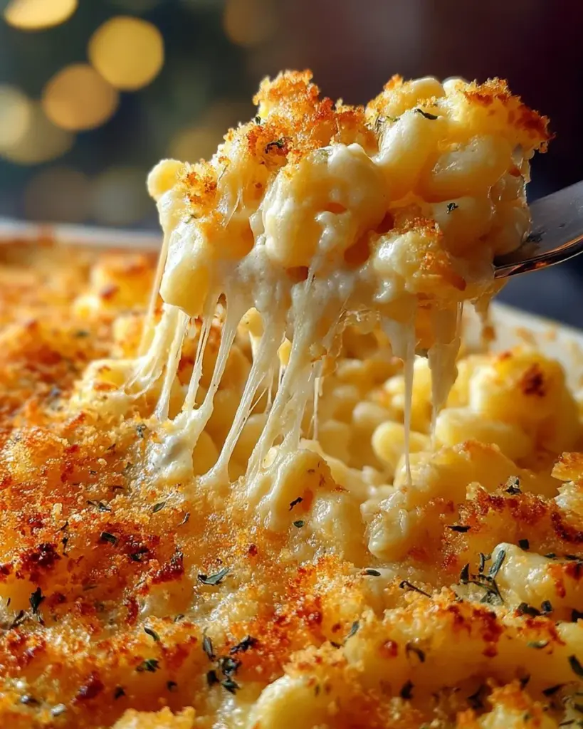 Deliciously baked mac and cheese served in a bowl, topped with golden breadcrumbs.