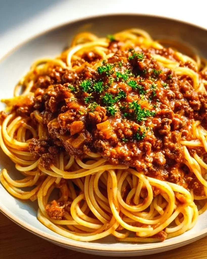 Best spaghetti meat sauce served with pasta and garnished with herbs