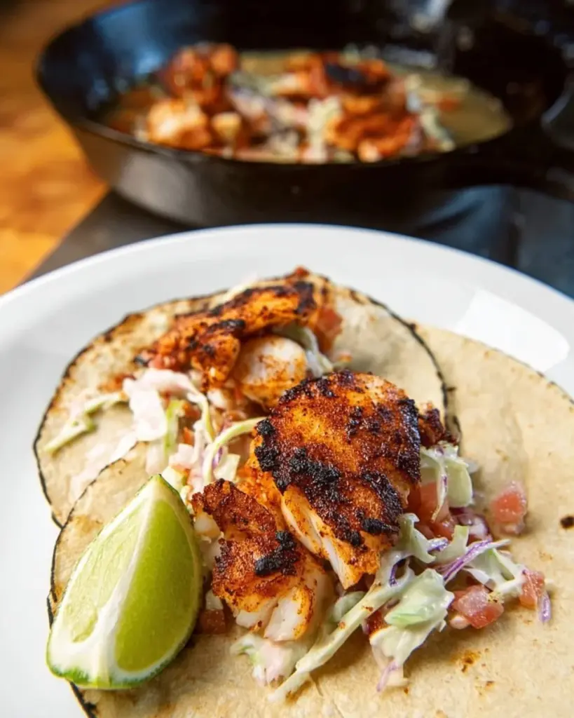 Delicious blackened fish tacos served with fresh toppings and lime