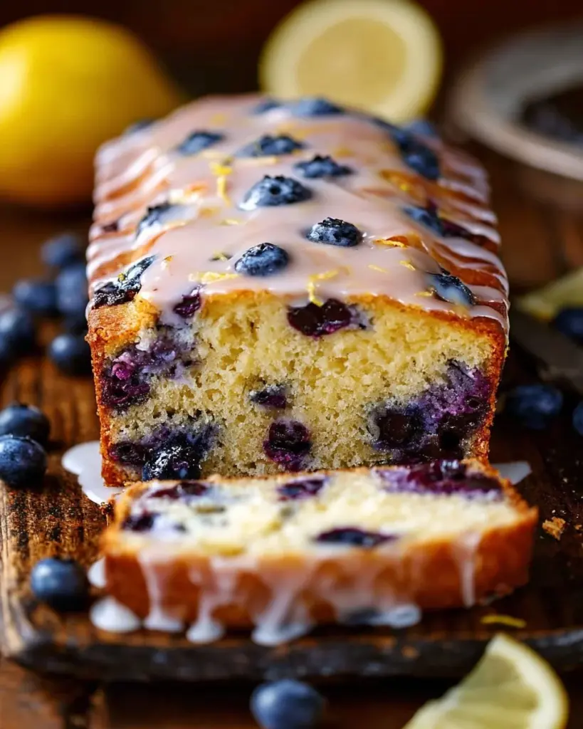 Freshly baked blueberry lemon bread with blueberries and lemon slices on top