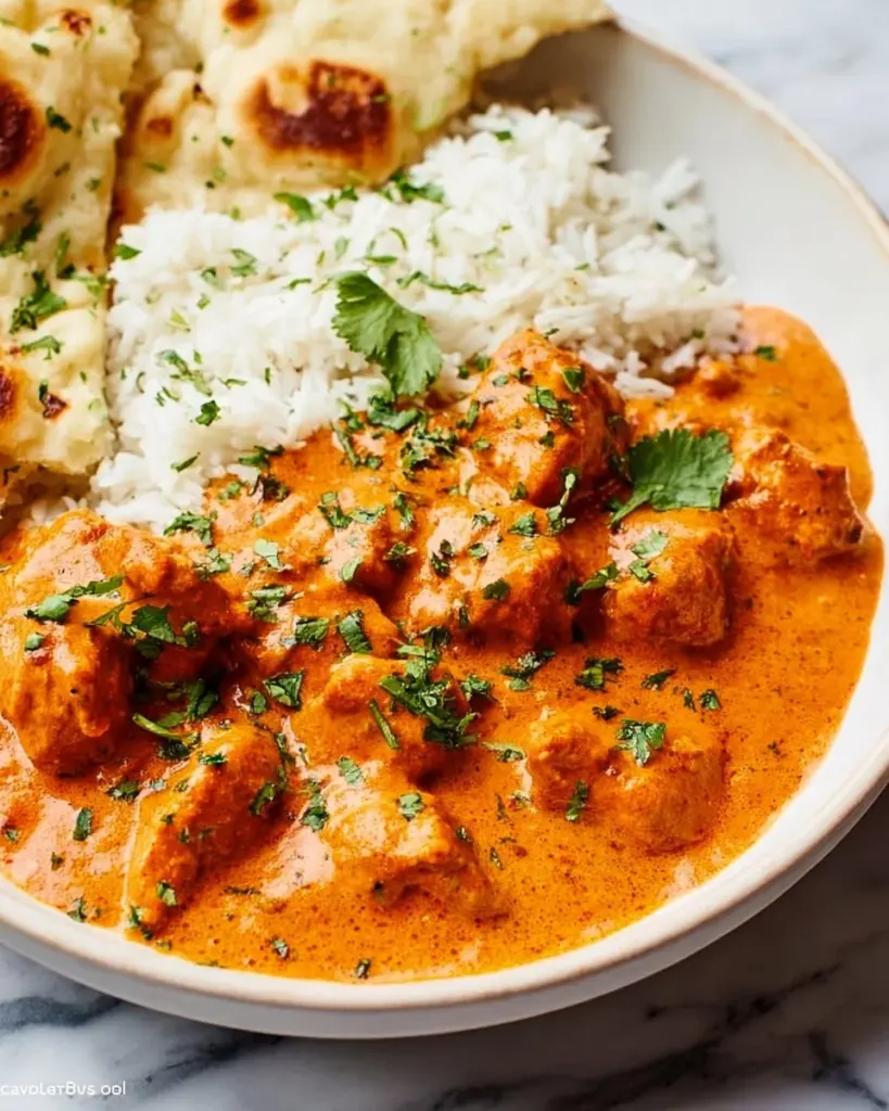 Delicious Butter Chicken served with naan and rice on a plate.