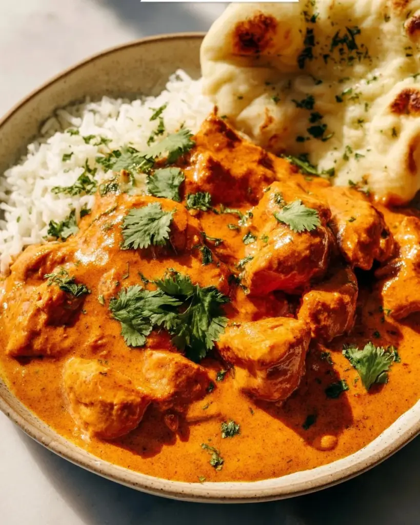 Delicious Butter Chicken served with naan and rice