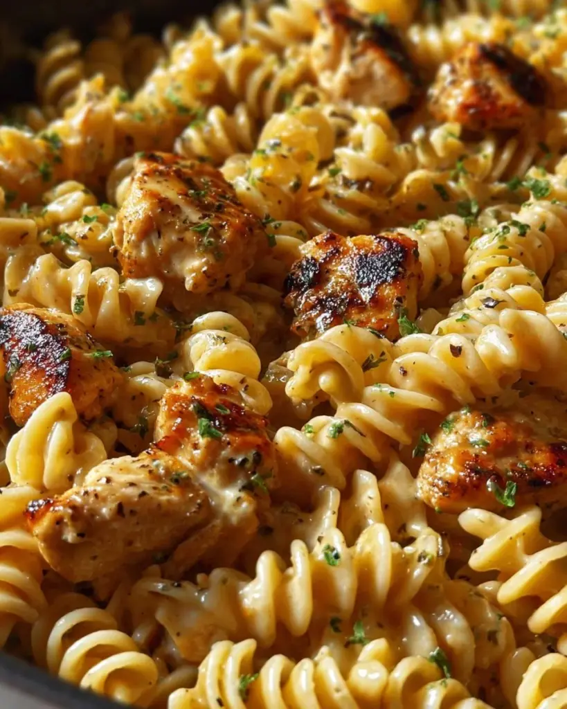Cheesy Cajun Garlic Chicken Rotini Skillet with colorful ingredients