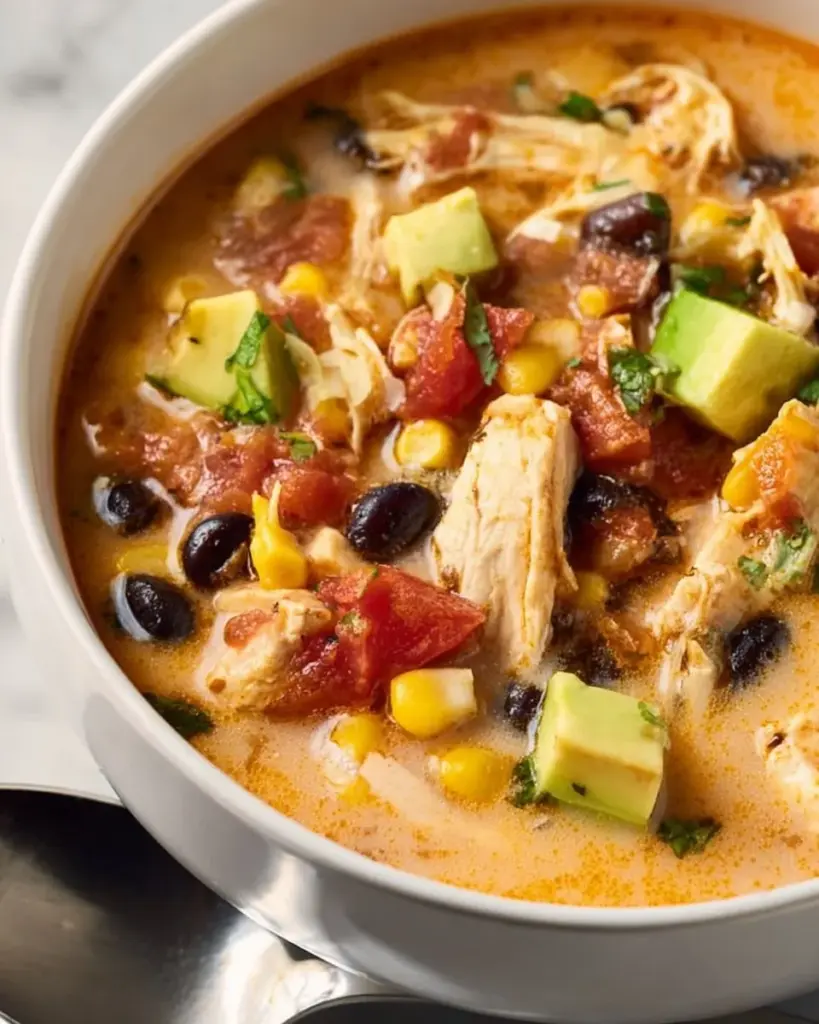 Delicious bowl of Chicken Taco Soup topped with fresh cilantro and avocado