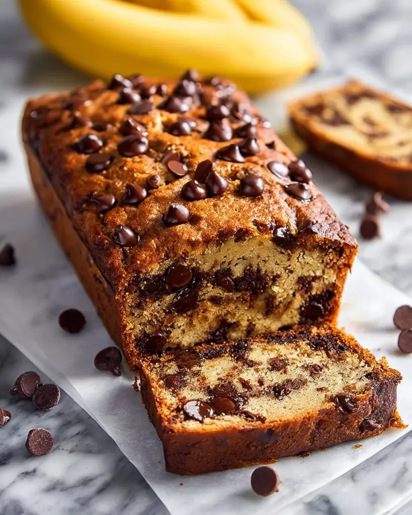 Delicious slice of chocolate chip banana bread on a wooden table