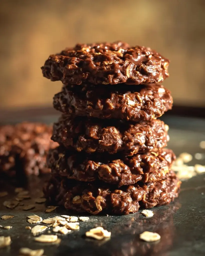 Delicious chocolate oatmeal no bake cookies arranged on a plate