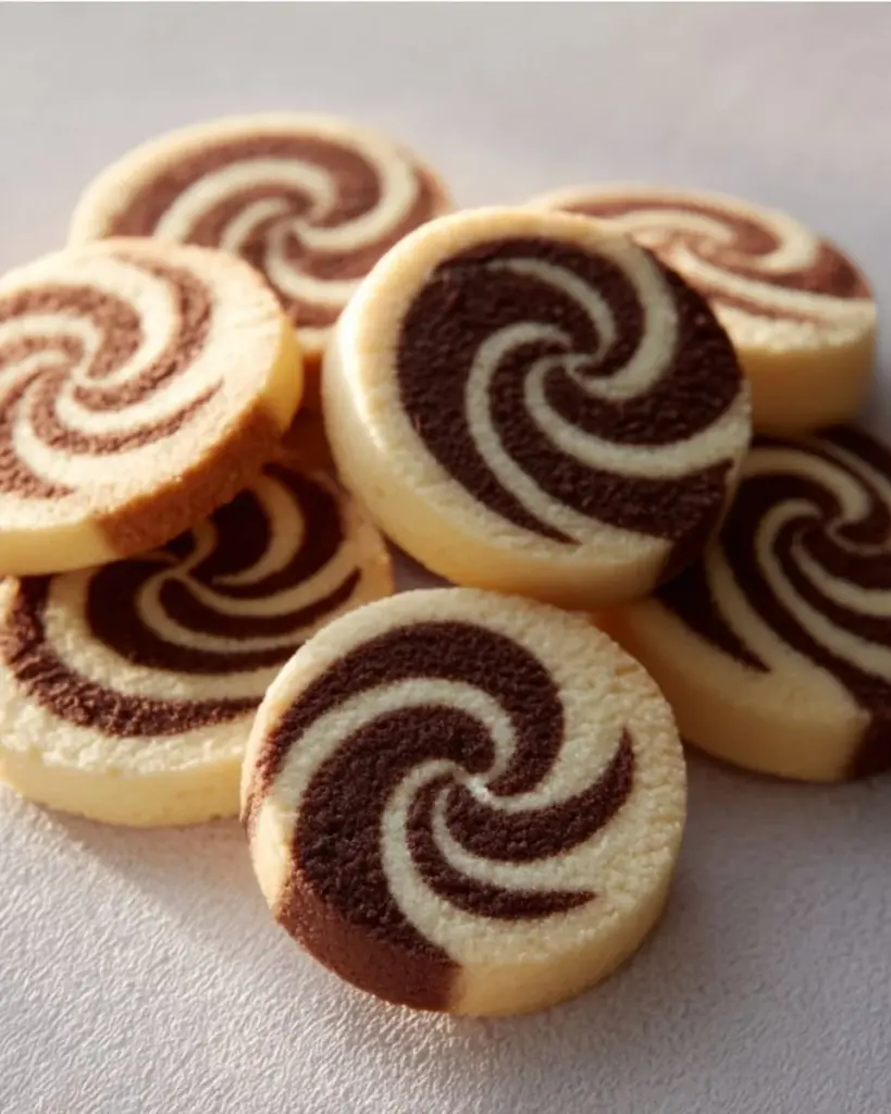 Chocolate Vanilla Pinwheel Cookies arranged on a plate for dessert