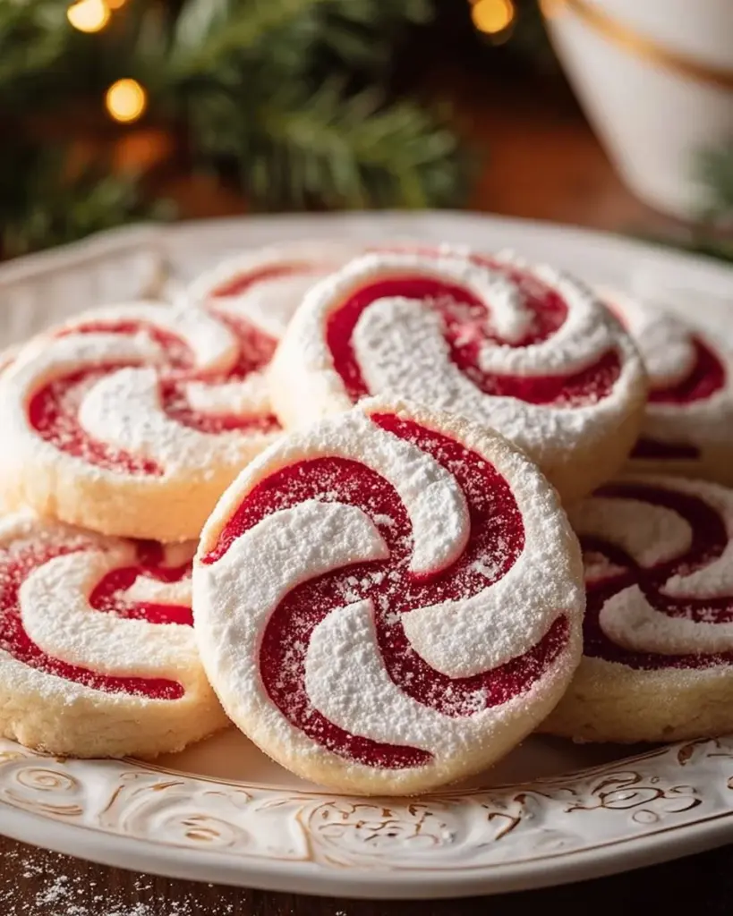Colorful Christmas pinwheel cookies arranged on a festive plate
