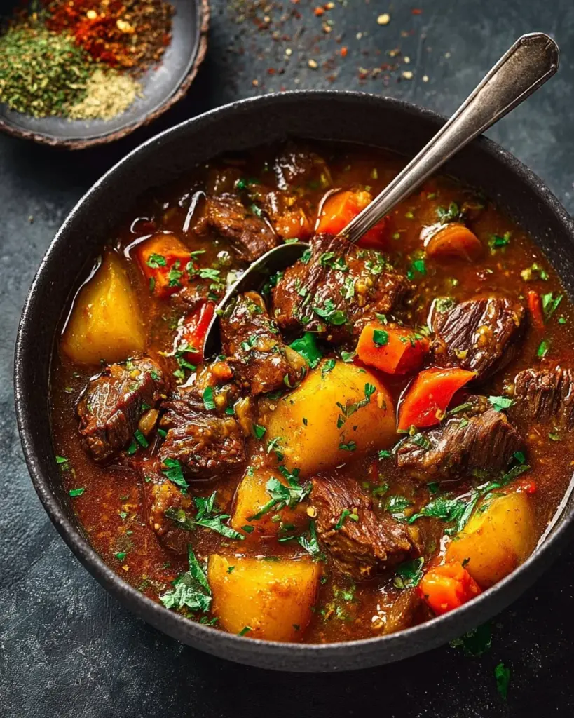Bowl of classic beef stew with vegetables and herbs, garnished and ready to serve.