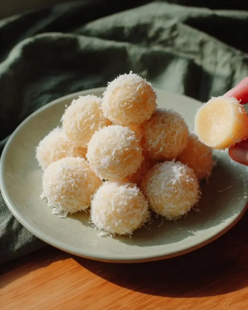 Delicious homemade condensed milk coconut candies on a plate
