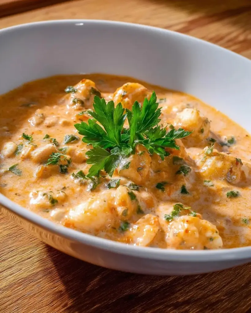 A bowl of creamy crab and shrimp seafood bisque garnished with herbs.